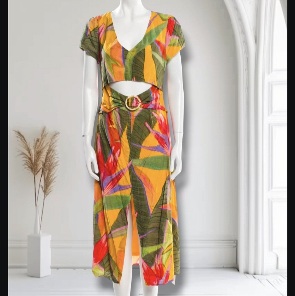 Farm Rio Dress - Yellow Garden Linen Midi Maxi Tropical Palm - Picture 3 of 10